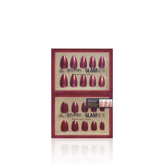 Packaged Glamnetic nail art set with red and gold design on a white background