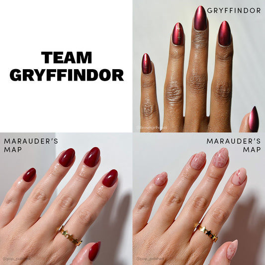 Nails painted with red and pink colors, inspired by 'Marauder's Map' and 'Team Gryffindor' from a fantasy series.