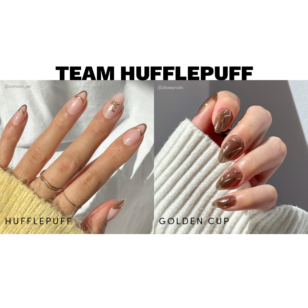 Nails with 'Team Hufflepuff' and 'Golden Cup' designs on a split background.