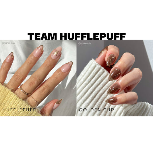 Nails with 'Team Hufflepuff' and 'Golden Cup' designs on a split background.