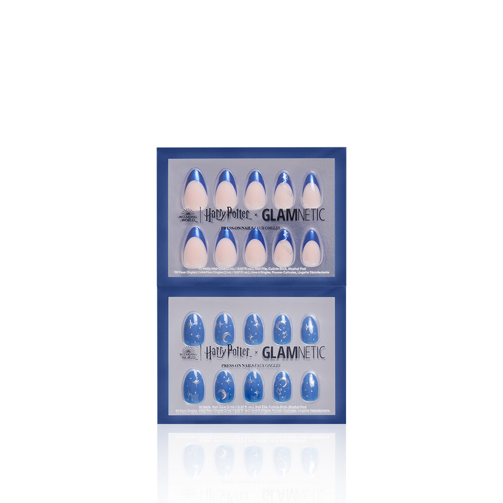 Set of blue and white nail art designs in a Glamnetic packaging on a white background