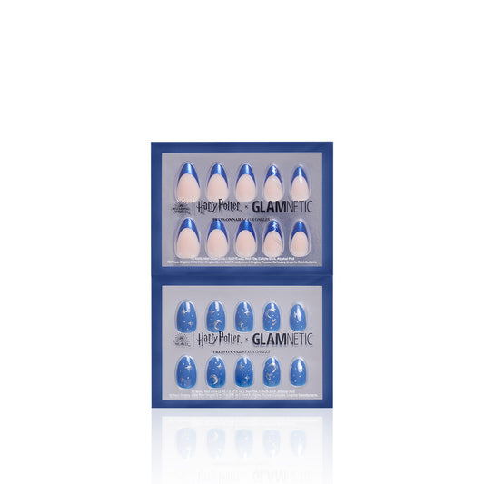 Set of blue and white nail art designs in a Glamnetic packaging on a white background