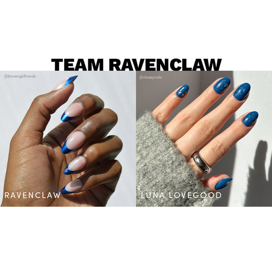 Two hands with blue and white nail designs, labeled 'Team Ravenclaw' and 'Luna Lovegood'.