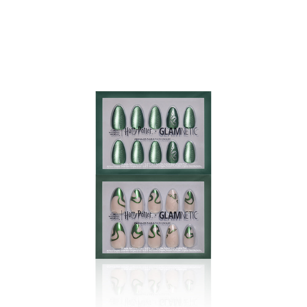 Set of green and beige press-on nails in a Glamnetic packaging on a white background