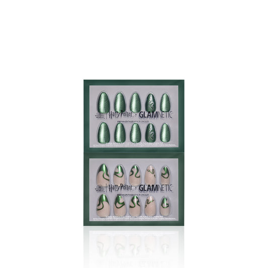 Set of green and beige press-on nails in a Glamnetic packaging on a white background