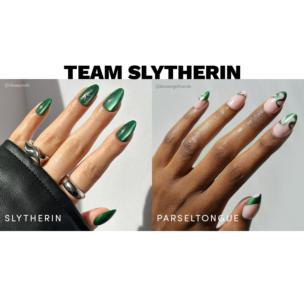Two hands with green nail polish, one labeled 'Slytherin' and the other 'Parsel tongue', on a white background.