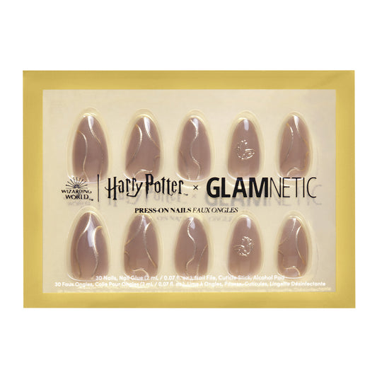 Pack of press-on nails featuring Harry Potter x Glamnetic branding on a gold background