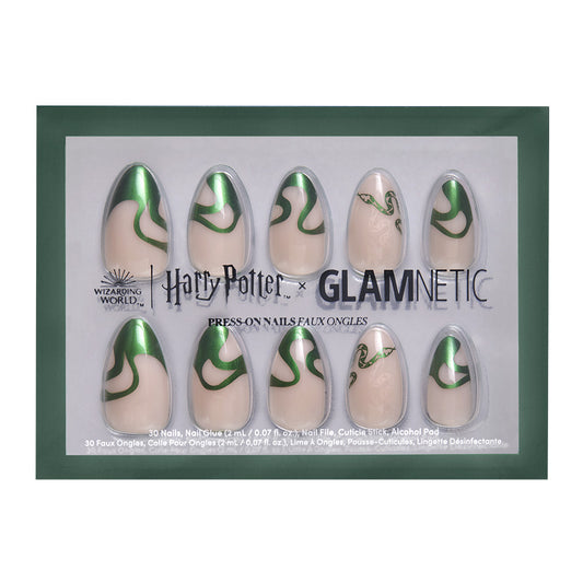 Set of press-on nails with green snake design in packaging, featuring Harry Potter and Glamnetic branding.