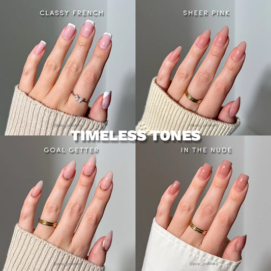Four different nail color swatches labeled 'Classy French', 'Sheer Pink', 'Goal Getter', and 'In the Nude' on a neutral background.