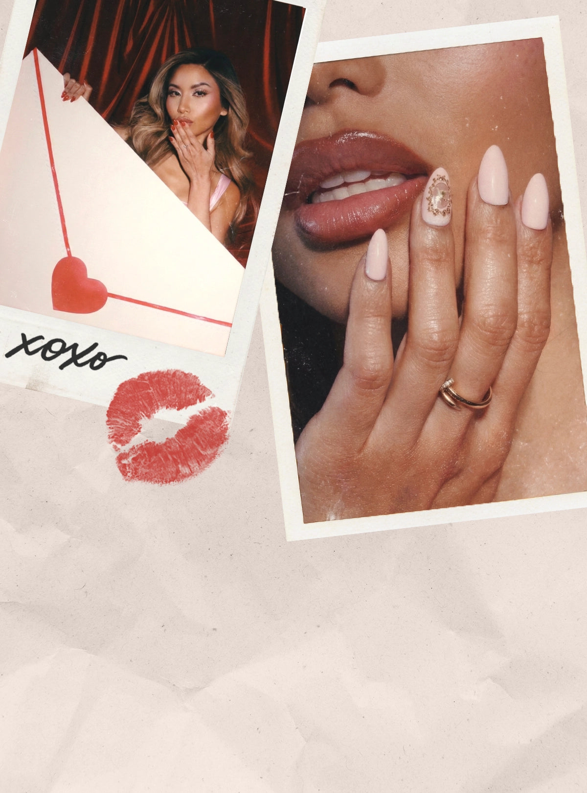 Collage of a woman with red lipstick, a heart, and 'xoxo' text on a textured background.