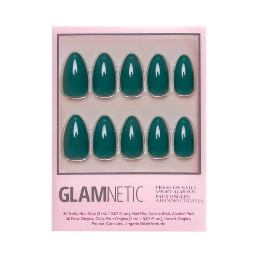 GlamNetic press-on nails with teal design on a pink background