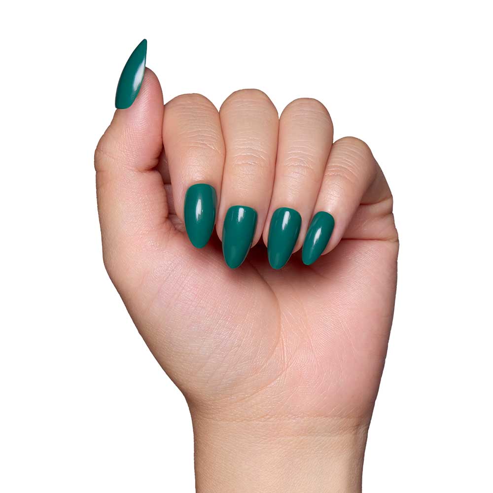 Hand with teal nail polish on a white background