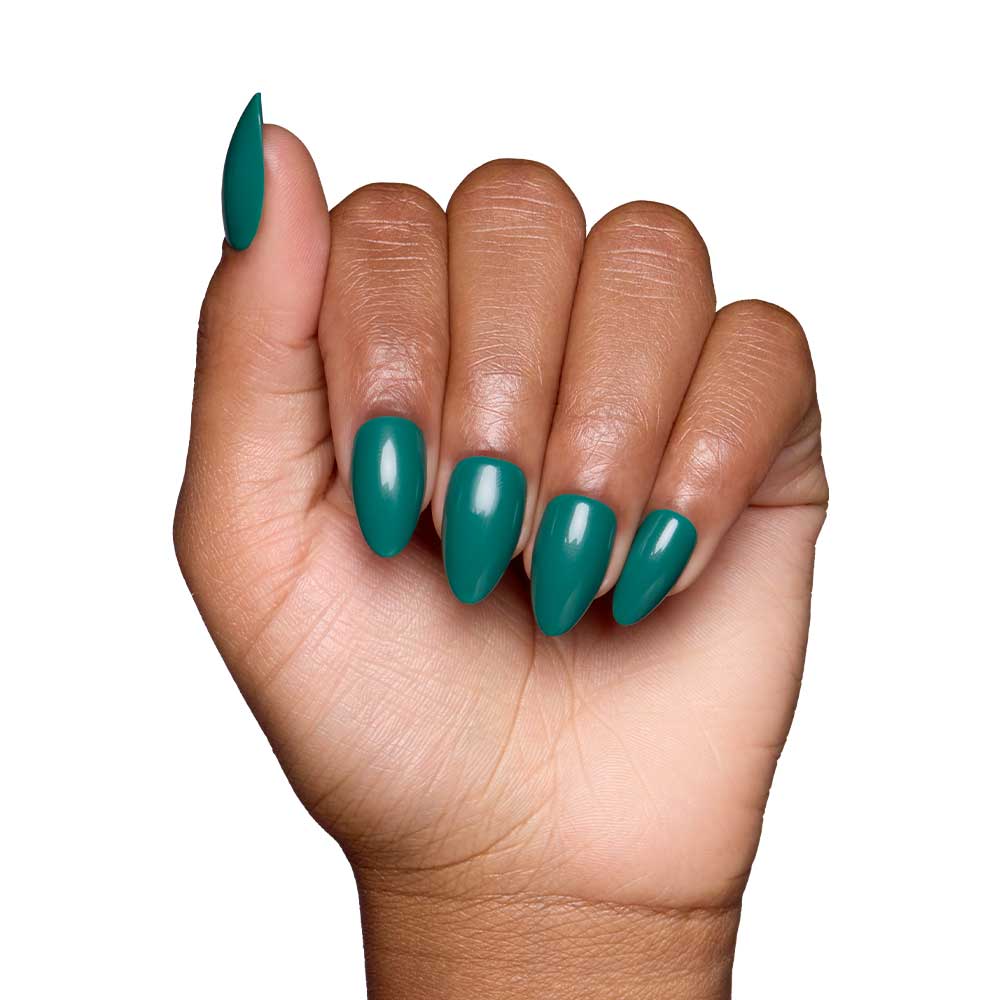 Hand with teal nail polish on a white background