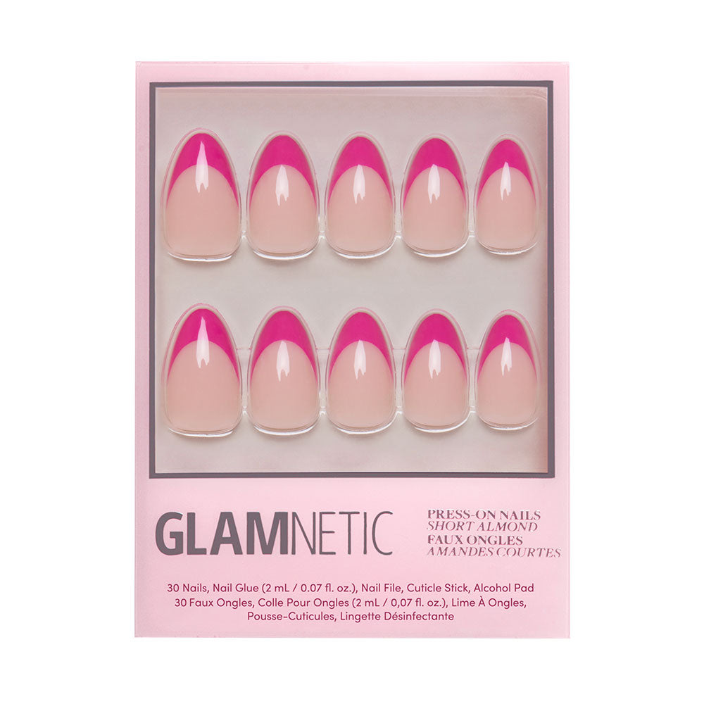 GlamNetic press-on nails with pink and beige design in packaging