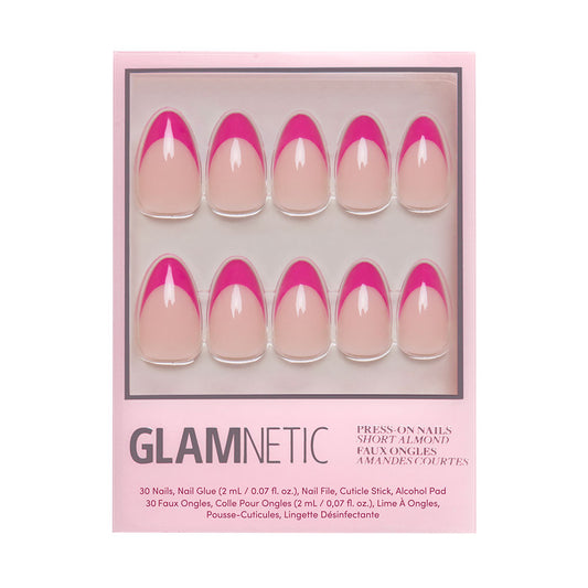 GlamNetic press-on nails with pink and beige design in packaging