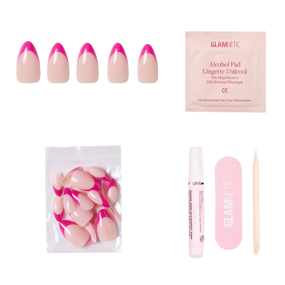 Set of false nails with pink tips, packaging, and cleaning pad on a white background