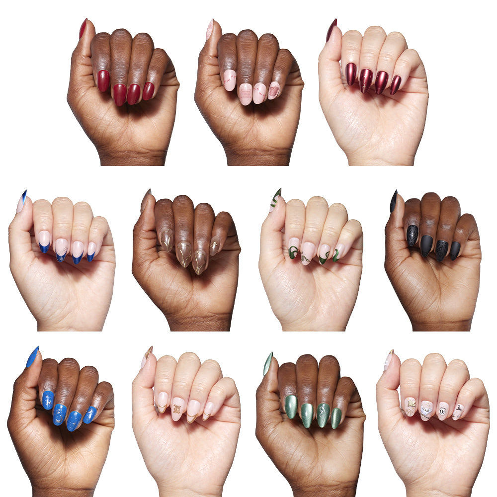Grid of hands with various nail polish colors on a white background