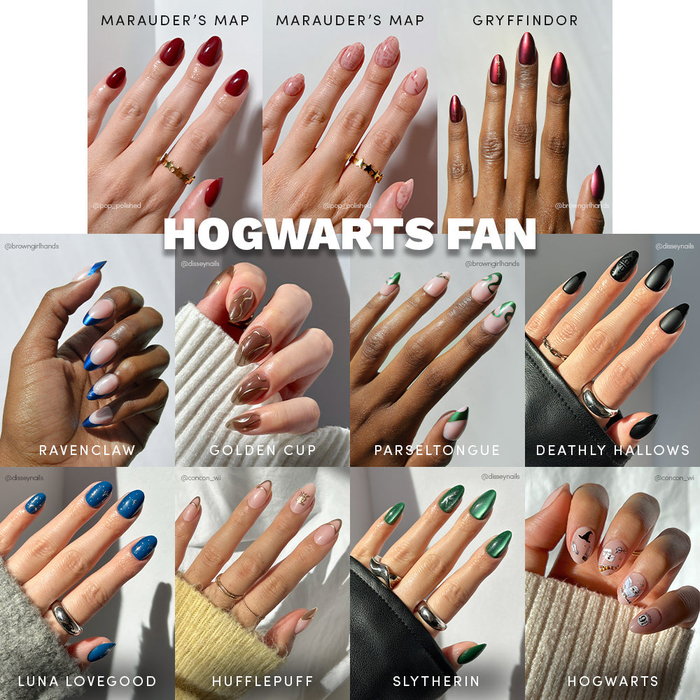 Collage of hands with various nail designs and corresponding house names from Harry Potter.