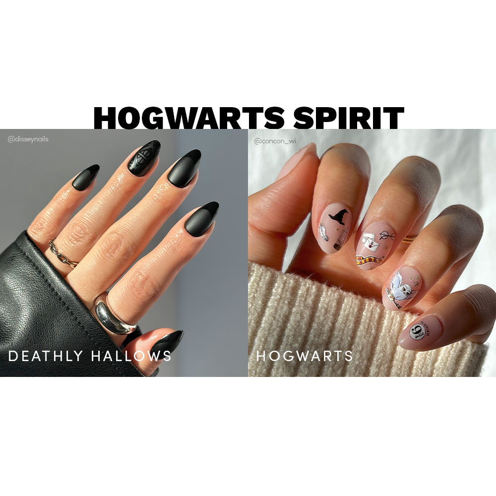 Two sets of nails with themed designs labeled 'Deathly Hallows' and 'Hogwarts'.