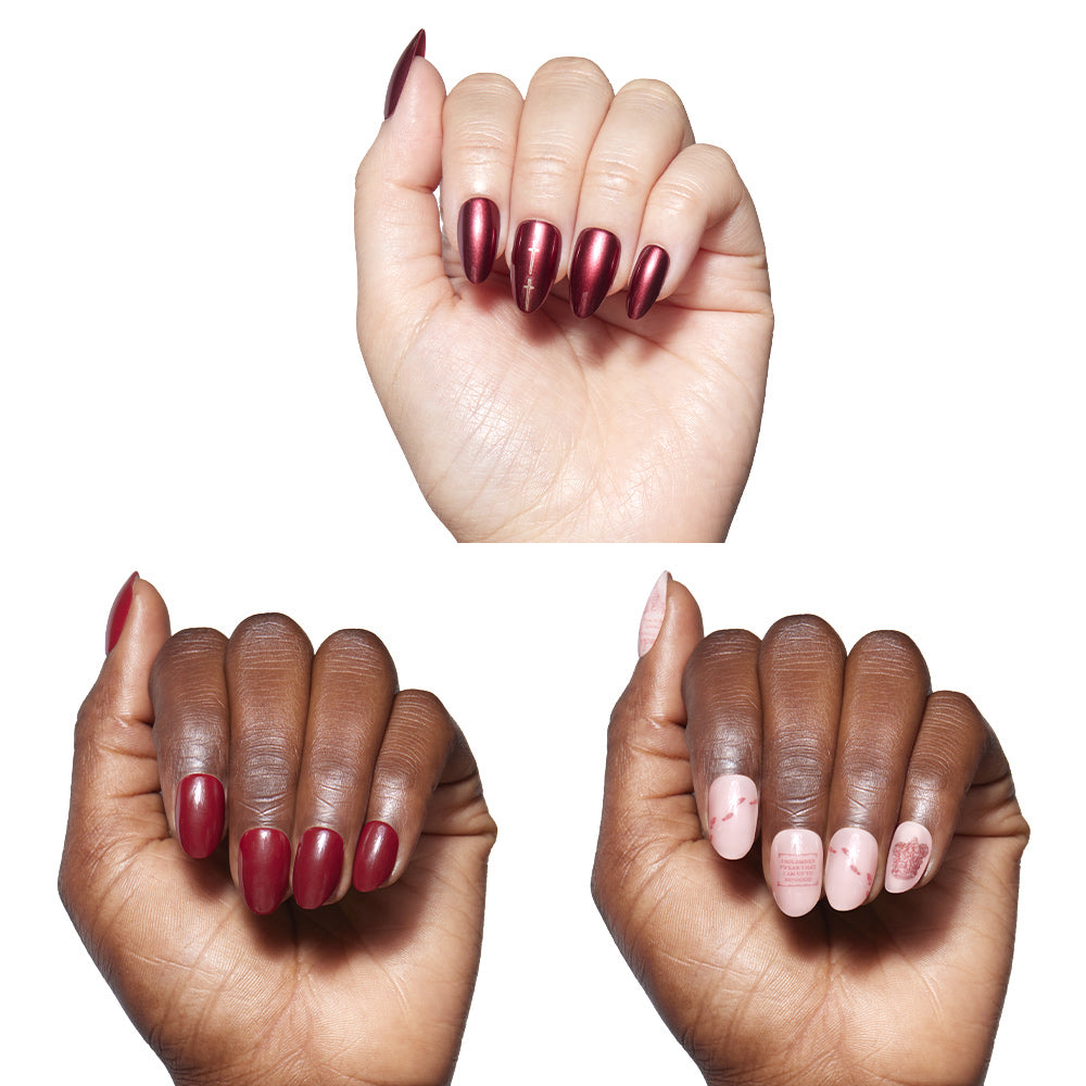 Three hands with different skin tones displaying red nail polish on a white background