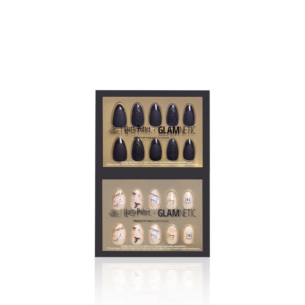 Set of Harry Potter Glamnetic nail art stickers in a display case on a white background