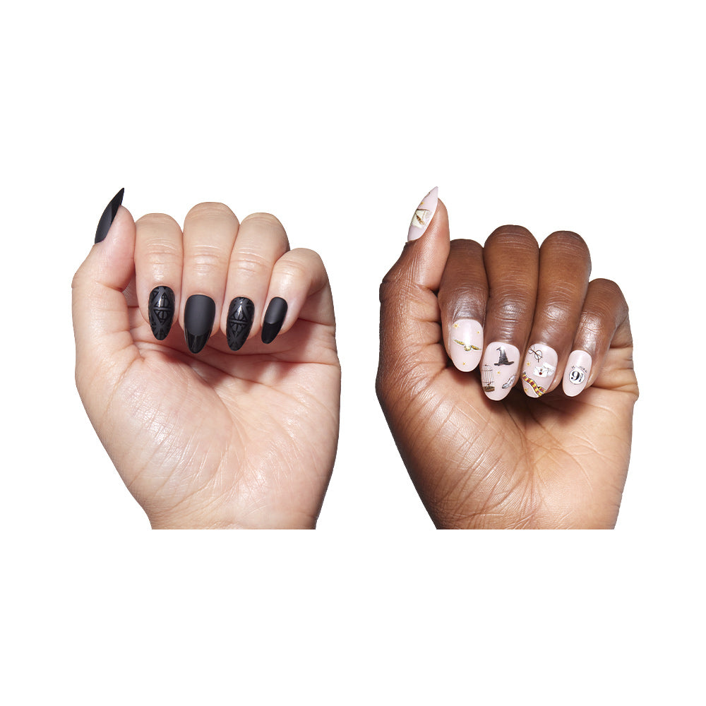 Two hands with different nail polish designs on a white background