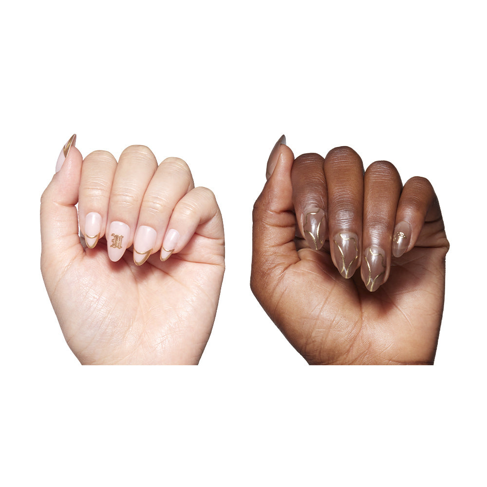 Two hands with manicured nails, one light-skinned and one dark-skinned, on a white background.