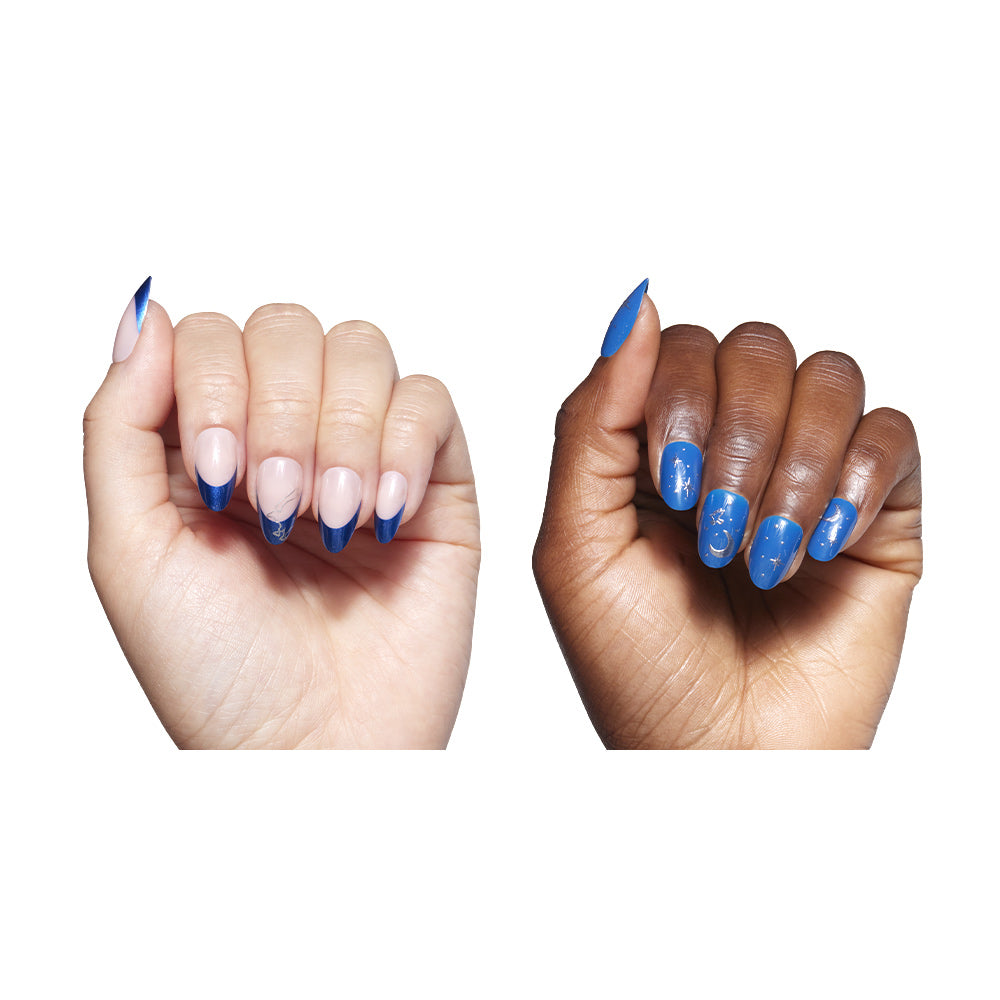 Two hands with blue nail polish on a white background