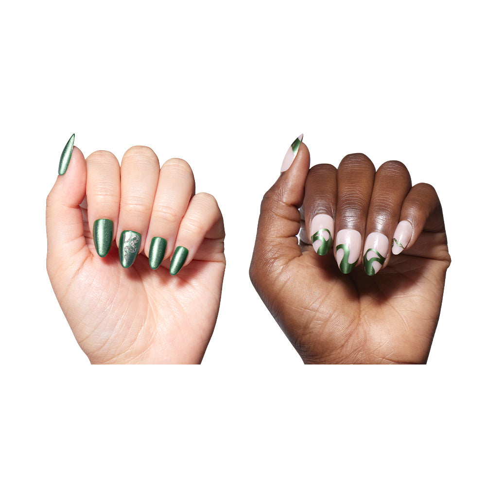 Two hands with green nail polish on a white background