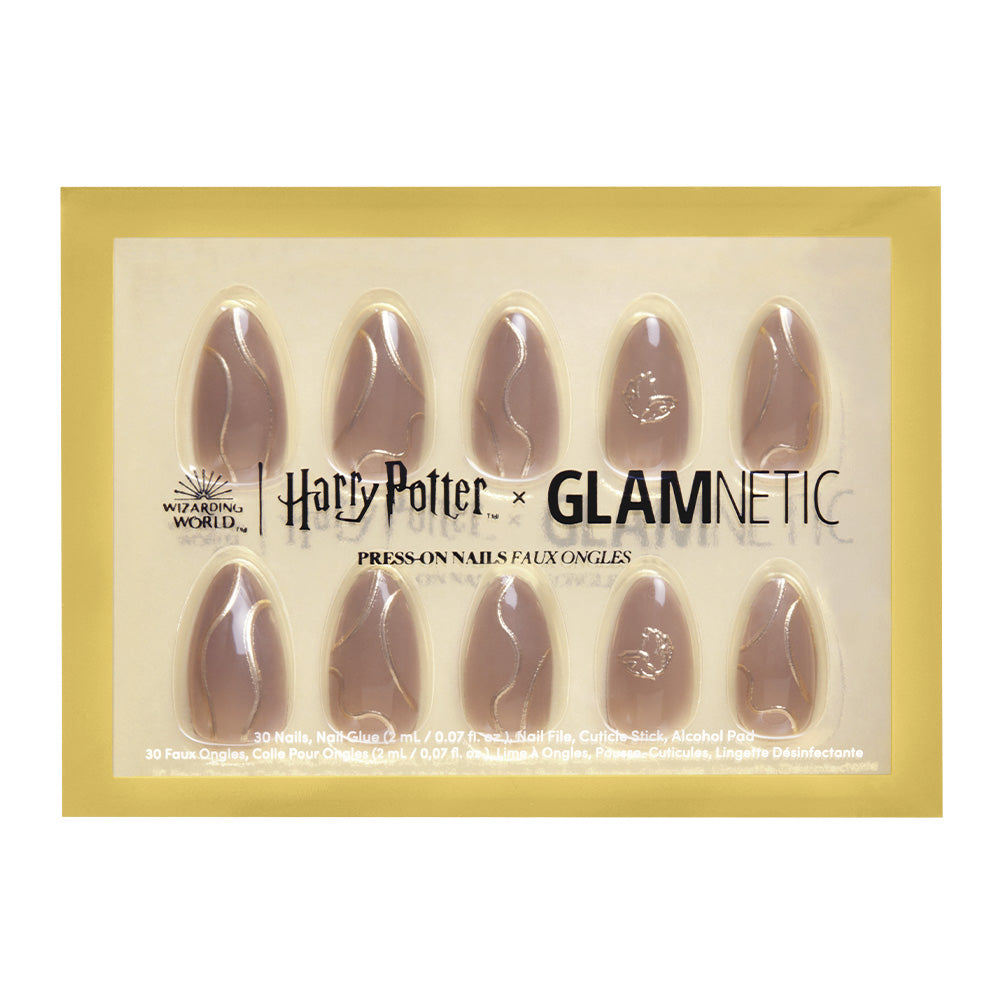 Pack of press-on nails featuring Harry Potter x Glamnetic branding on a gold background