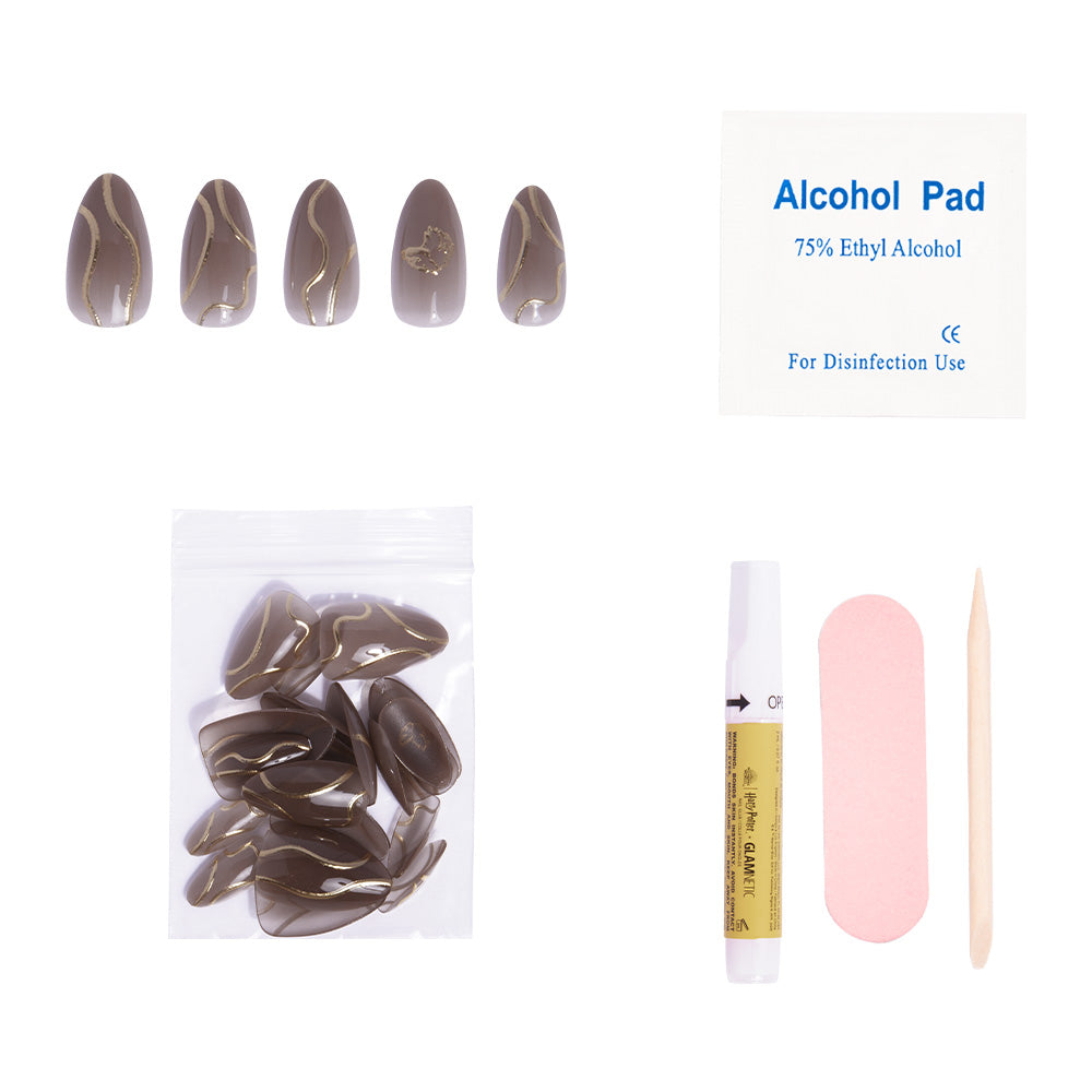 Set of false nails with a nail tool and alcohol pad on a white background
