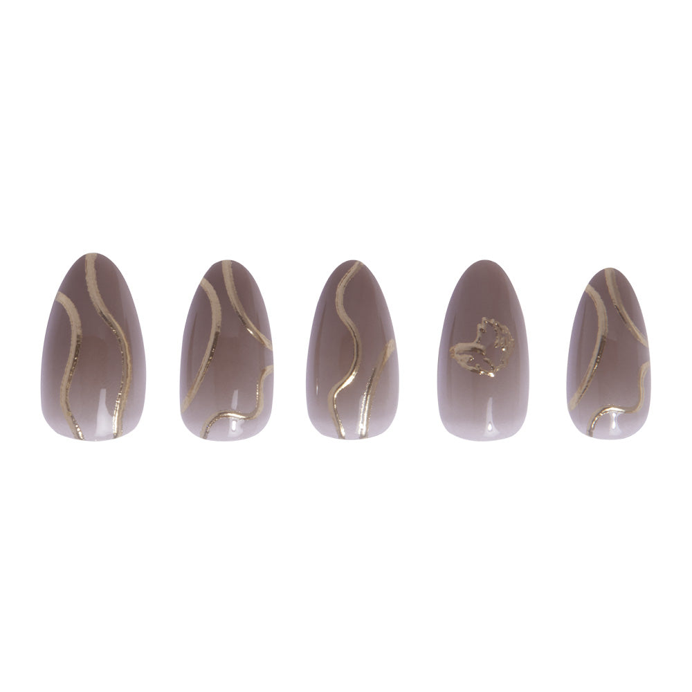 Five artificial nails with gold accents on a white background