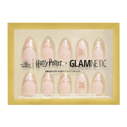Pack of press-on nails with Harry Potter and Glamnetic branding on a gold background