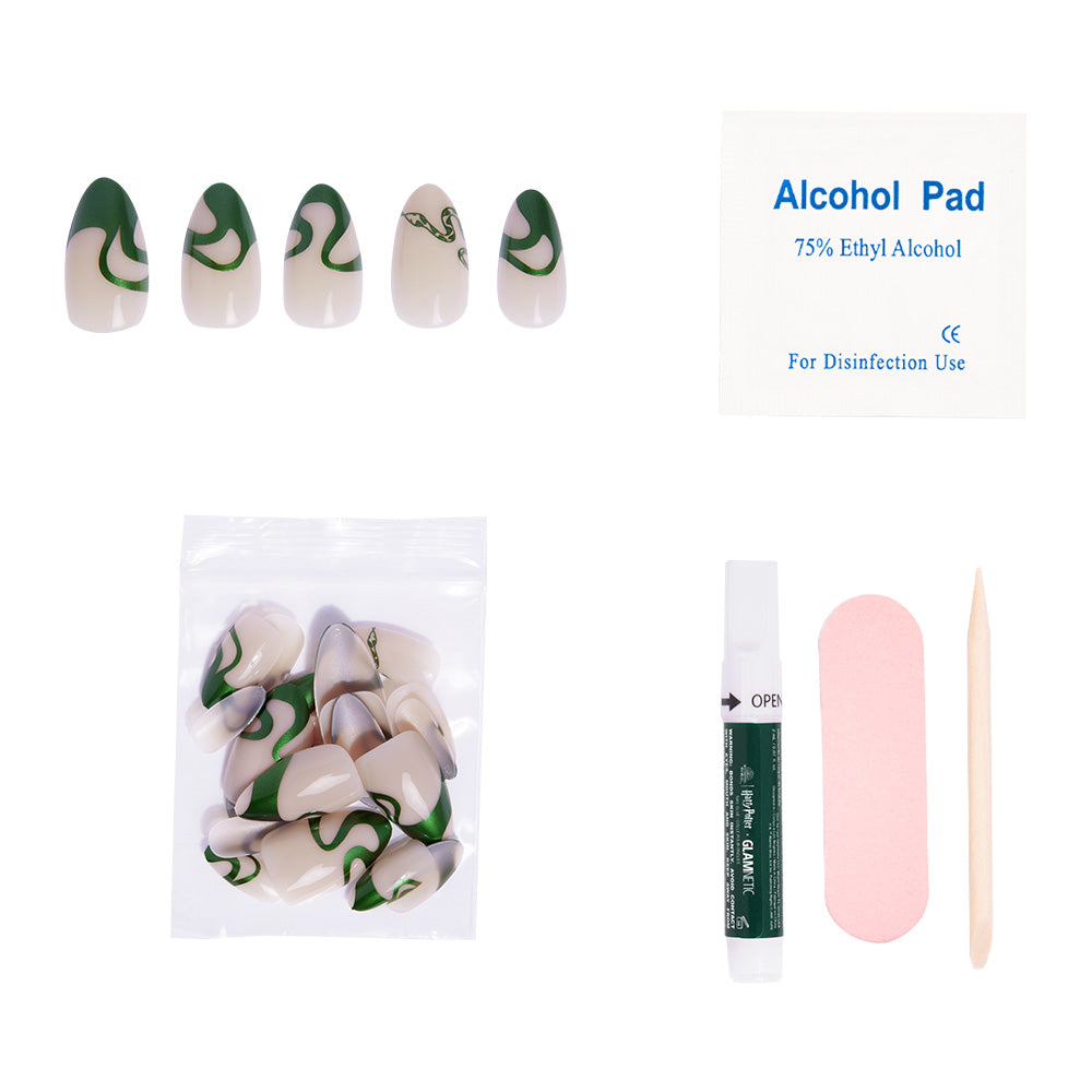 Set of false nails with green designs, alcohol pad, and disinfection wipes on a white background