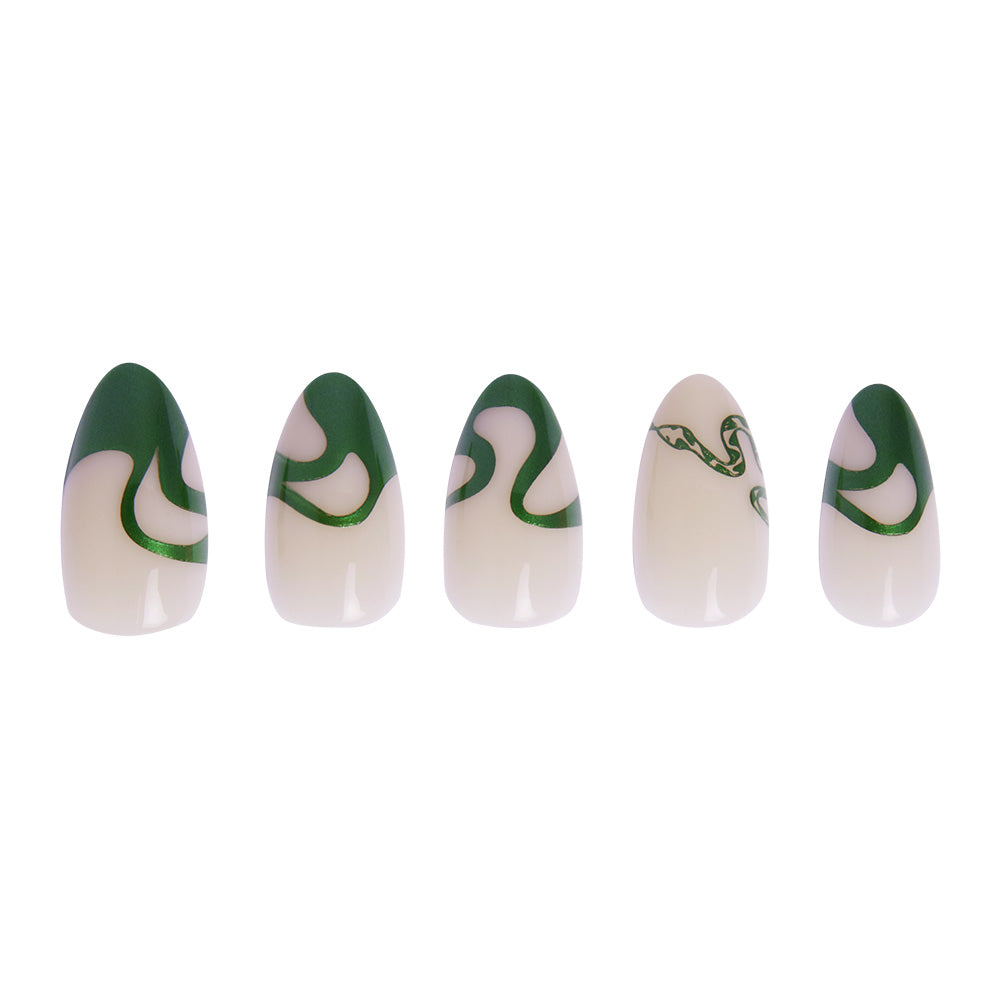 Five nail art designs with green and white patterns on a white background