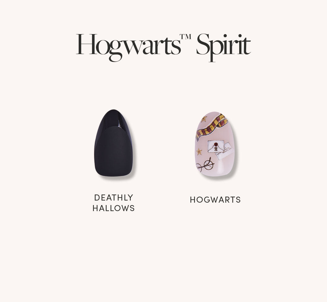 Two nail polish bottles labeled 'Deathly Hallows' and 'Hogwarts' on a white background.
