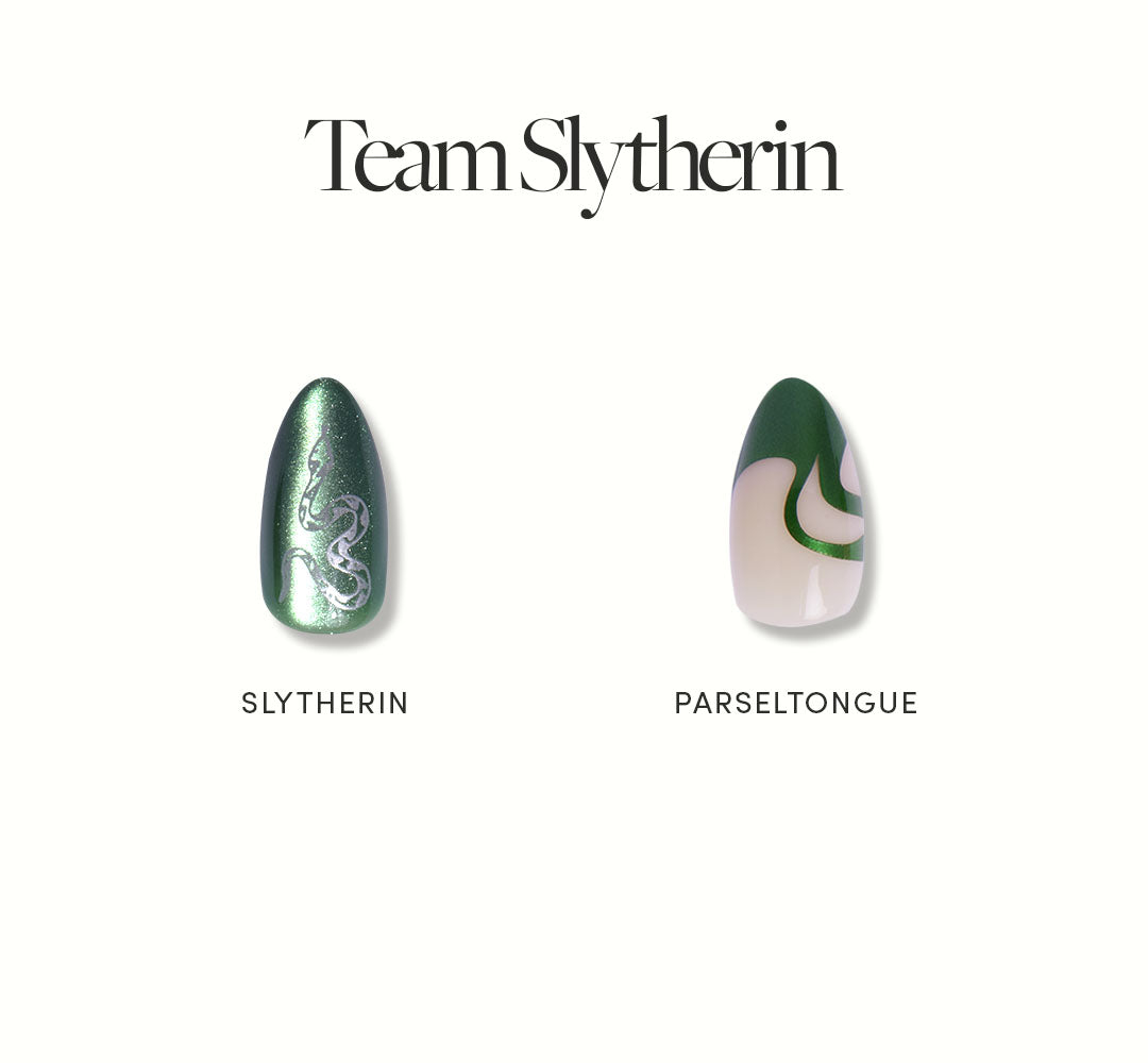 Two green and white nail designs with 'Team Slytherin' text on a white background