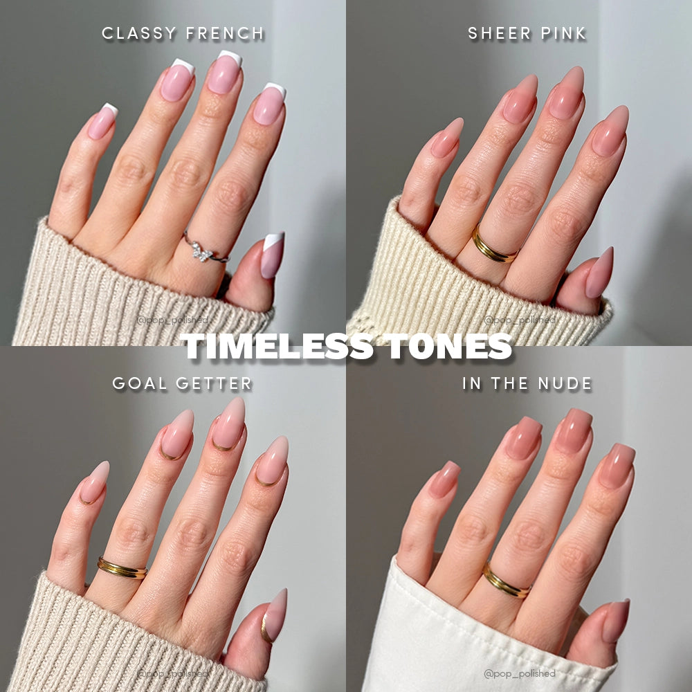 Four different nail color swatches labeled 'Classy French', 'Sheer Pink', 'Goal Getter', and 'In the Nude' on a neutral background.