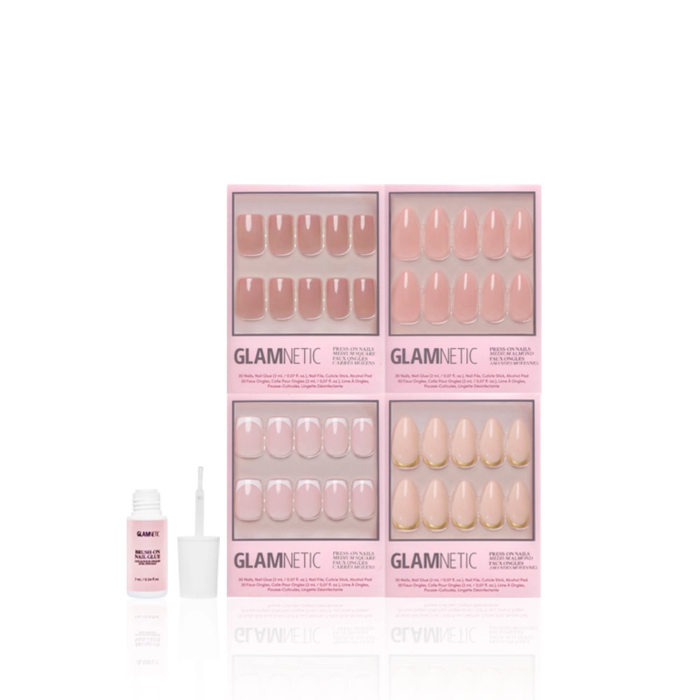 Glamnetic press-on nail set with packaging and brush-on nail glue on a white background