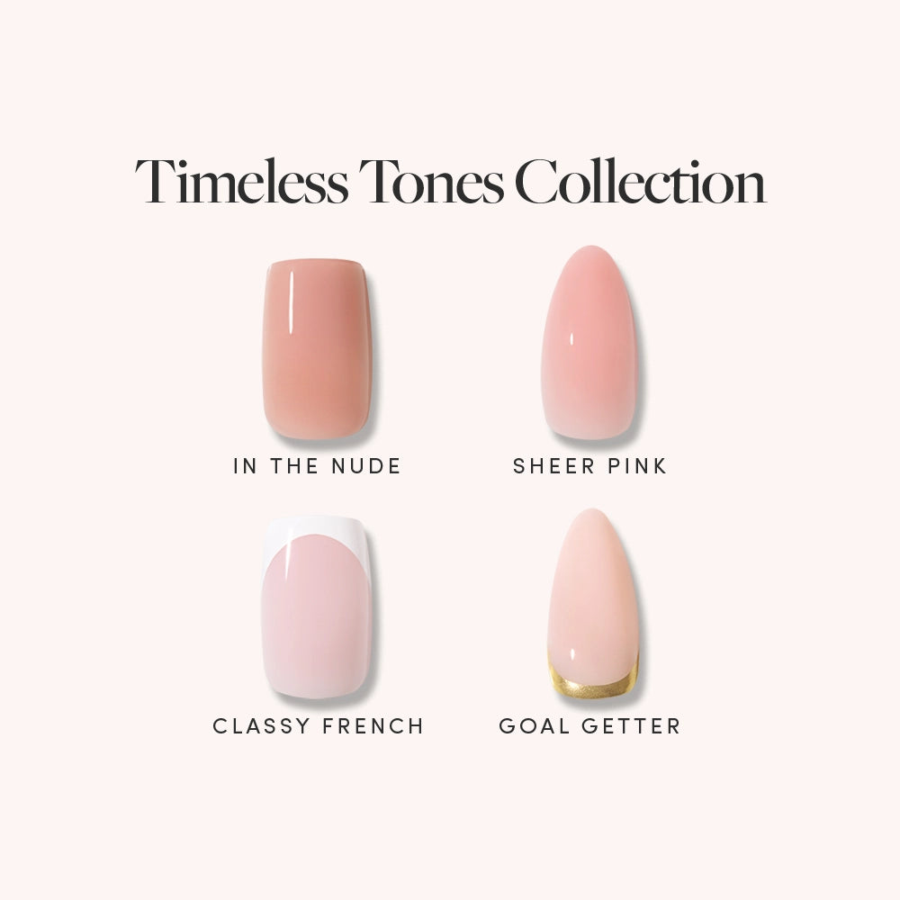 Nail polish swatches from the 'Timeless Tones Collection' on a white background.