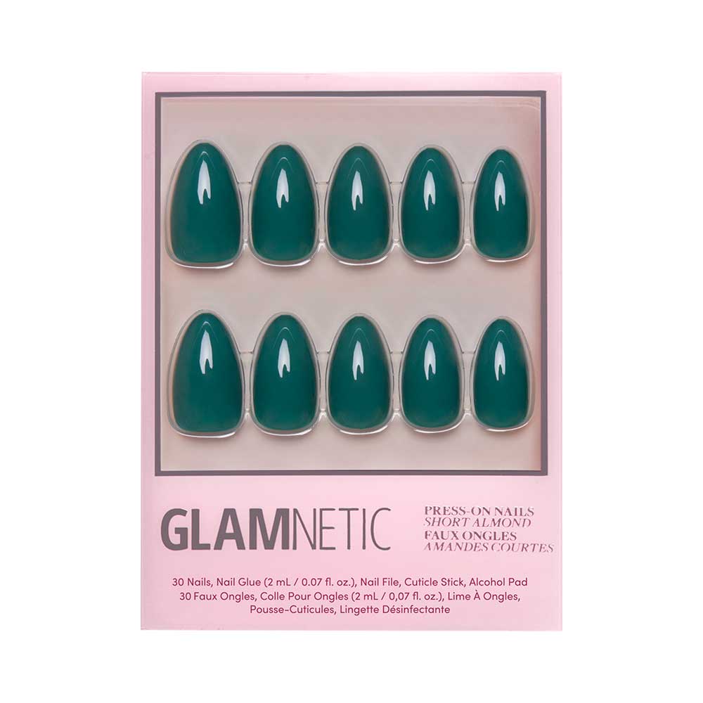 GlamNetic press-on nails with teal design on a pink background