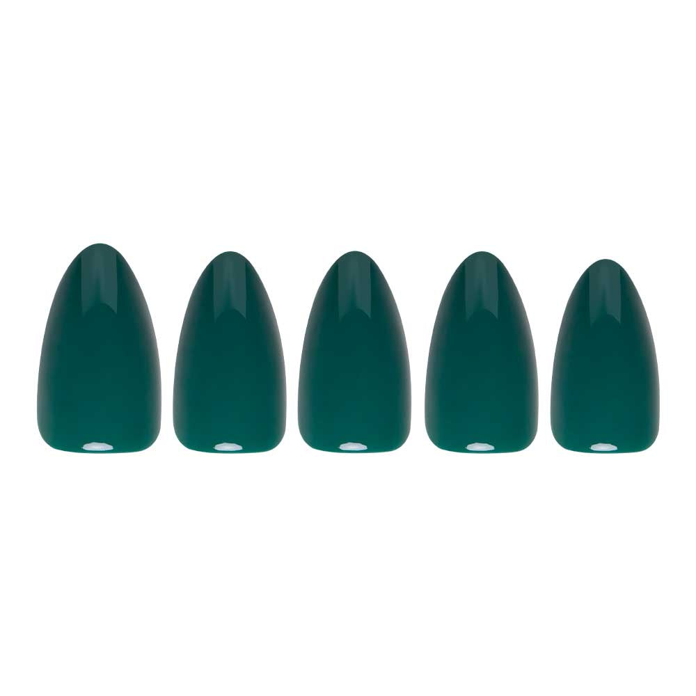Five green nail polish samples on a white background