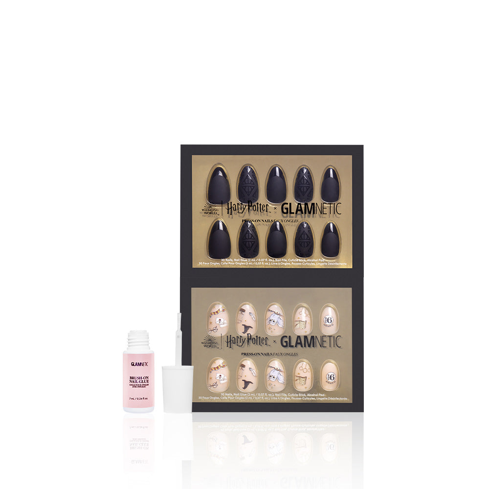 Harry Potter x Glamnetic nail art set with magnetic nails and brush-on nail glue on a white background