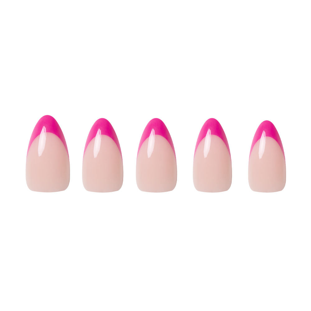 Set of five pink and beige nail designs on a white background