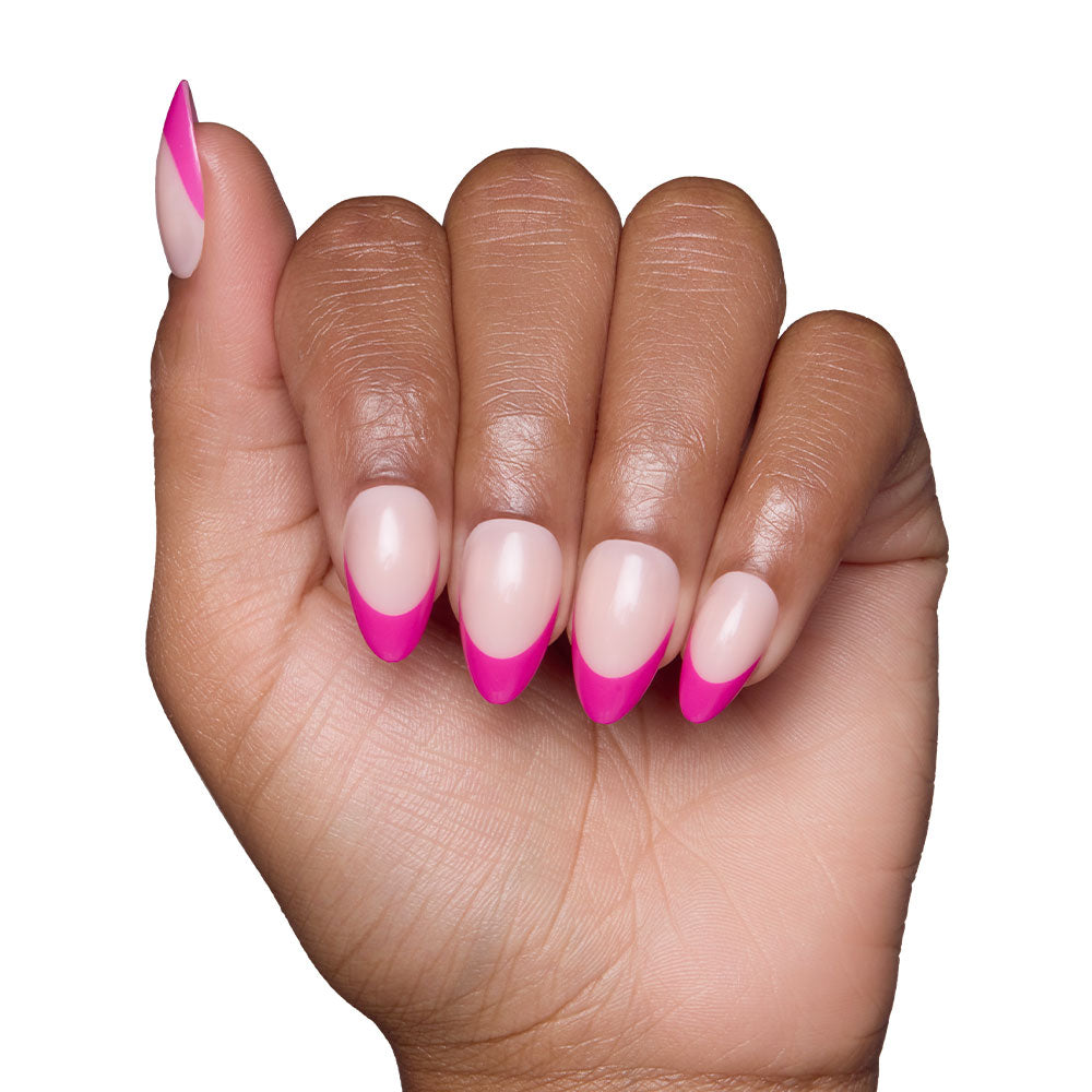 Hand with pink and white nail polish on a white background