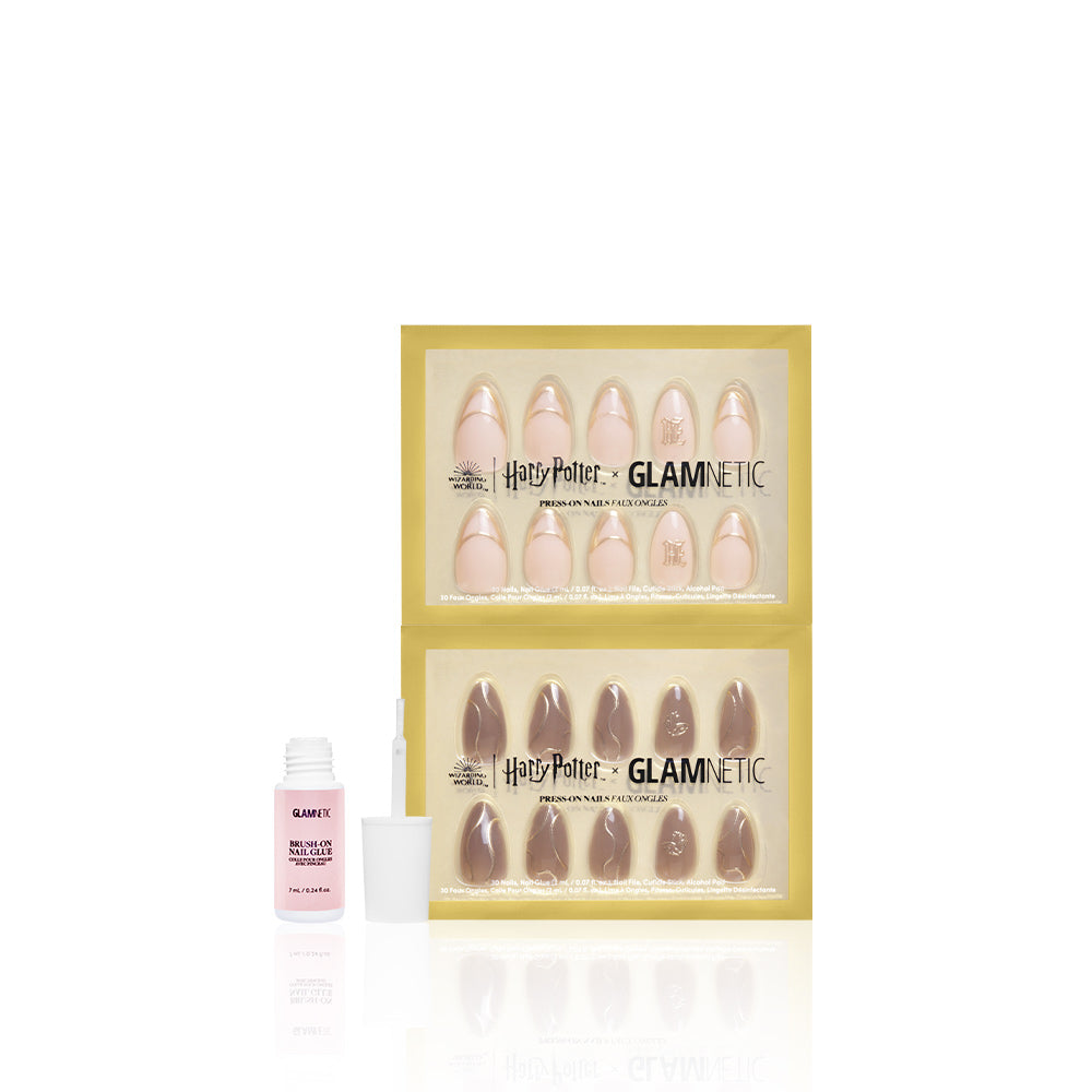 Harry Potter x Glamnetic press-on nail set with a brush-on nail glue bottle on a white background