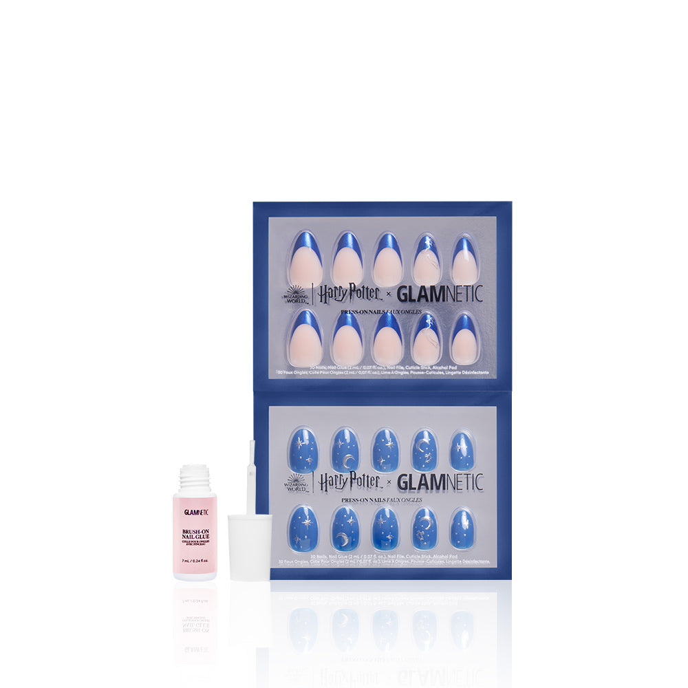 Harry Potter x Glamnetic nail art set with blue and white nail tips and a brush-on nail glue bottle on a white background