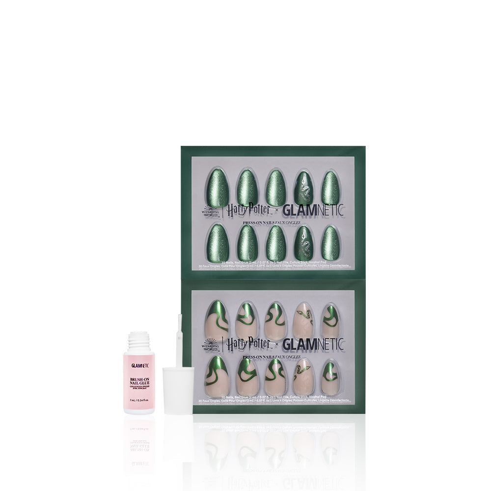 Harry Potter x Glamnetic nail art set with green nails and a brush-on nail glue bottle on a white background